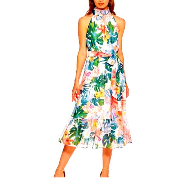 ELIZA J Dress 12 Midi Halter Floral Keyhole Button Neck Closure Ruffle Hem Lined - Picture 1 of 16